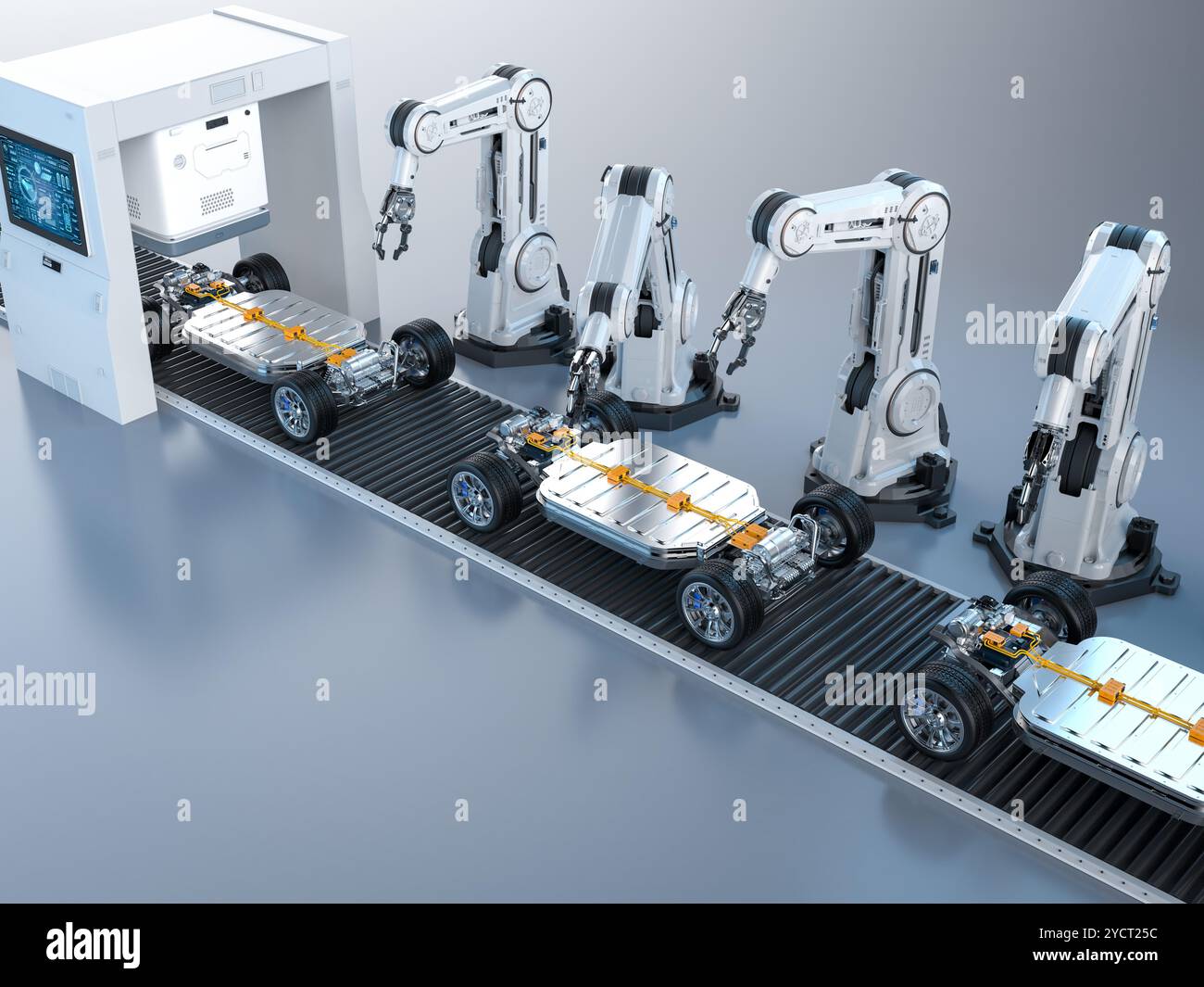 Concetto di fabbrica automobilistica di automazione con linea di assemblaggio robot di rendering 3D con modulo celle batteria auto elettrica su piattaforma Foto Stock
