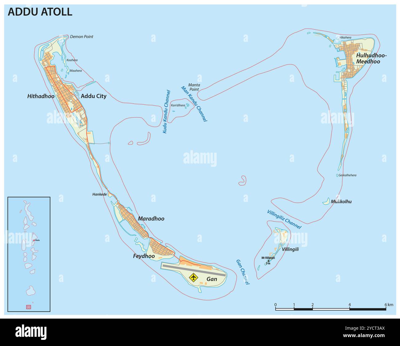Mappa dettagliata dell'atollo di Addu, Maldive Foto Stock