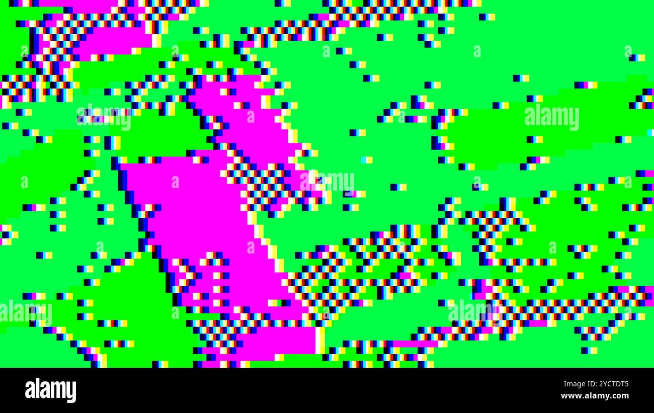 Glitch art astratta pixelata in verde brillante e rosa con motivo a 8 bit Foto Stock