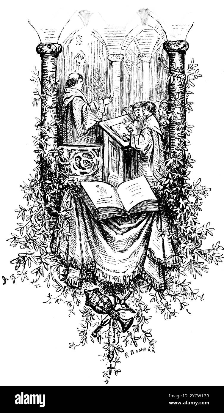 Un coro che canta in una chiesa cristiana, il primo Medioevo, storia della musica tedesca, illustrazione storica 1892 Foto Stock