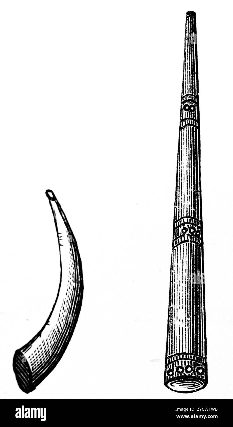 Due diversi corni primaverili, strumenti fatti di corno di toro, udes come Cornua alpina, Alphorn, storia della musica tedesca, illustrazione storica 1892 Foto Stock