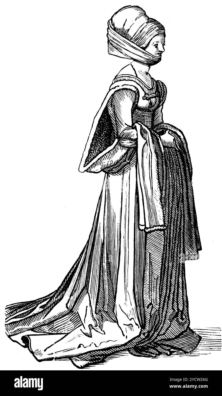 Una signora di Norimberga elegantemente vestita che va ad un evento di ballo, disegno originale di Albrecht. Dürer, musica tedesca, illustrazione storica 1892 Foto Stock