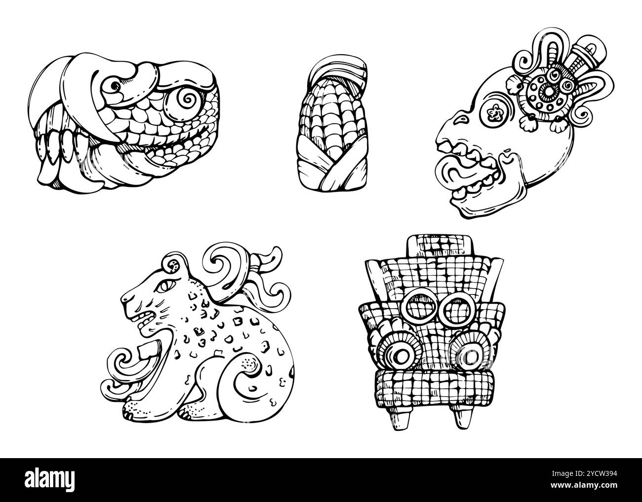 Simbolo della Mesoamerica, testa di lucertola, mais, scultura scolpita jaguar Aztec, antica statua del dio religioso. Illustrazione del vettore di inchiostro disegnato a mano. Set di elementi Illustrazione Vettoriale