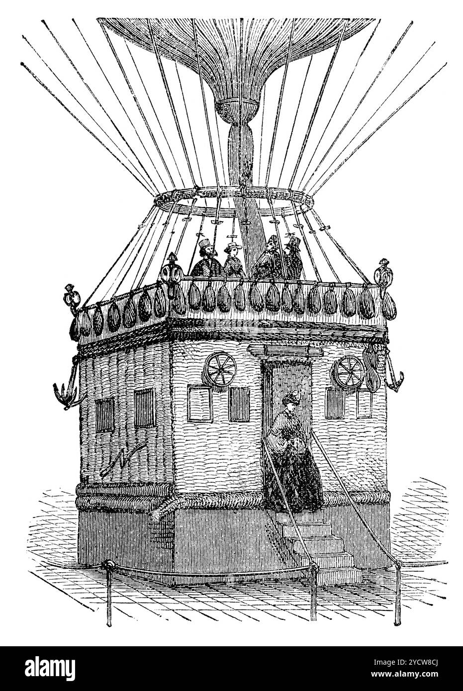 Incisione vintage del cesto di un pallone chiamato le Géant, realizzata da Eugène Godard per il fotografo Nadar (Gaspard-Félix Tournachon), da un articolo sulla storia del pallone in The Boy's Own Paper, 22 settembre 1883. Foto Stock