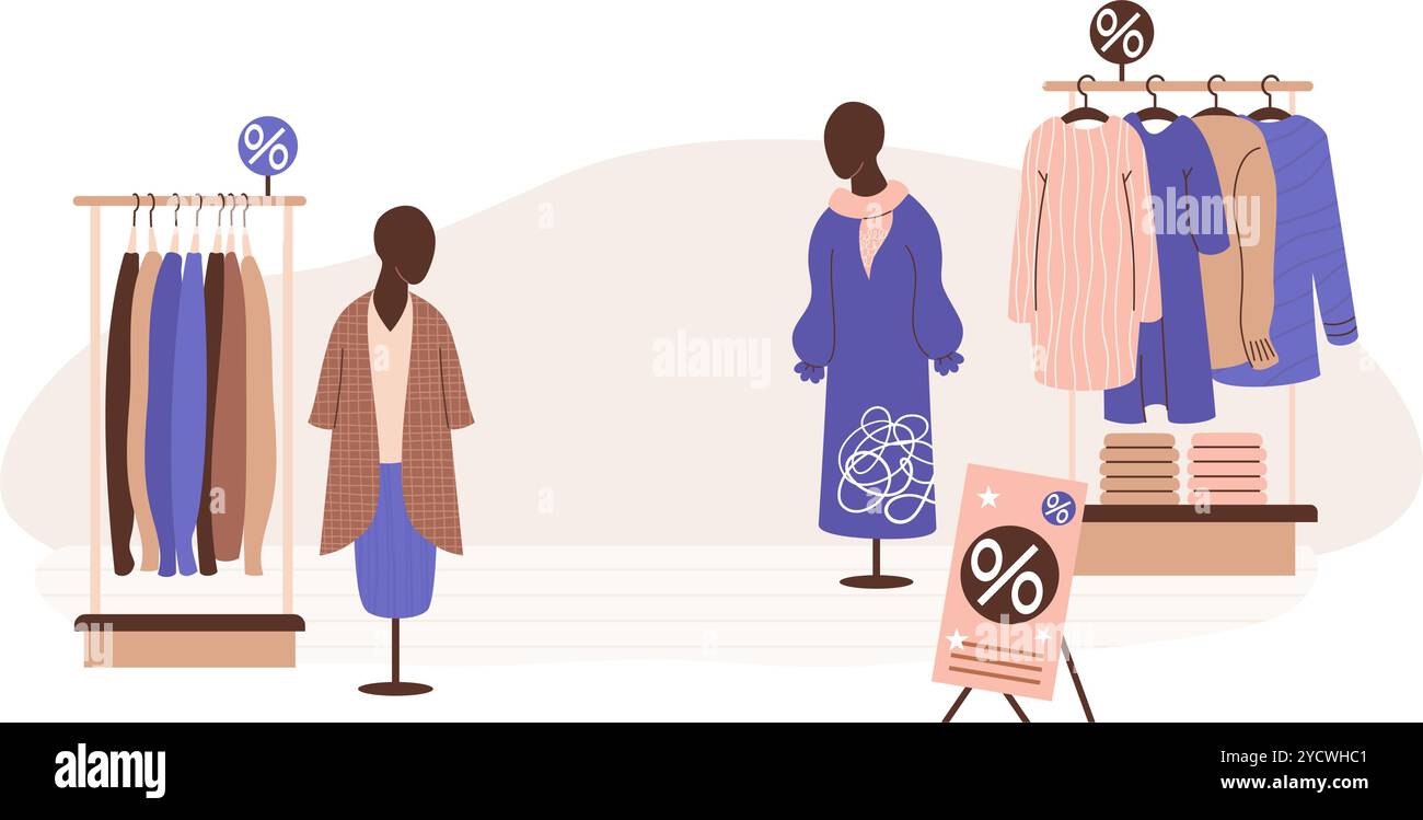 Negozio interno con manichini femminili in abito e abito, scaffali con abiti alla moda su appendiabiti. Illustrazione vettoriale orizzontale con spazio vuoto in Illustrazione Vettoriale