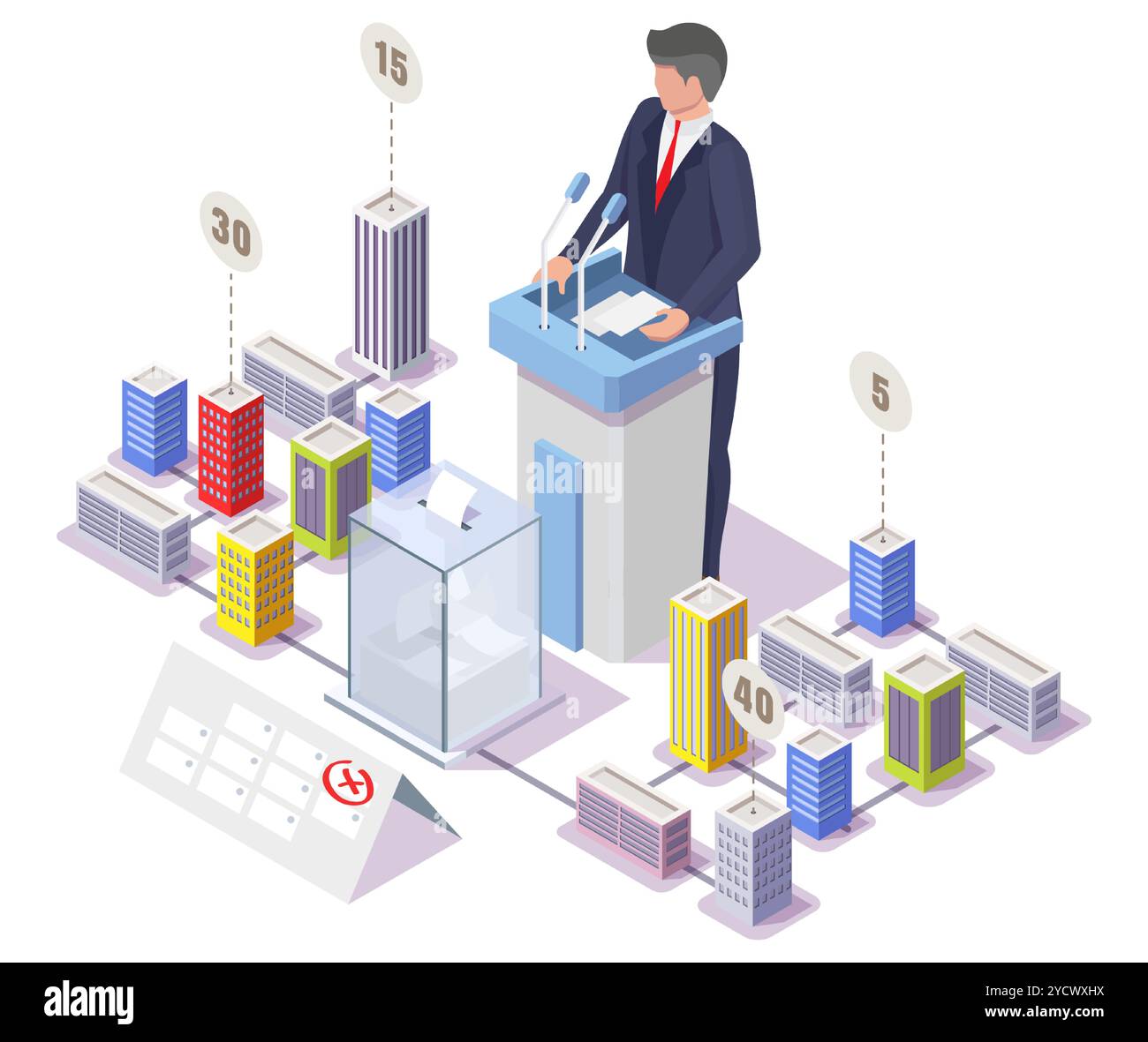 Politico oratore che parla dalla tribuna sul paesaggio urbano Illustrazione Vettoriale