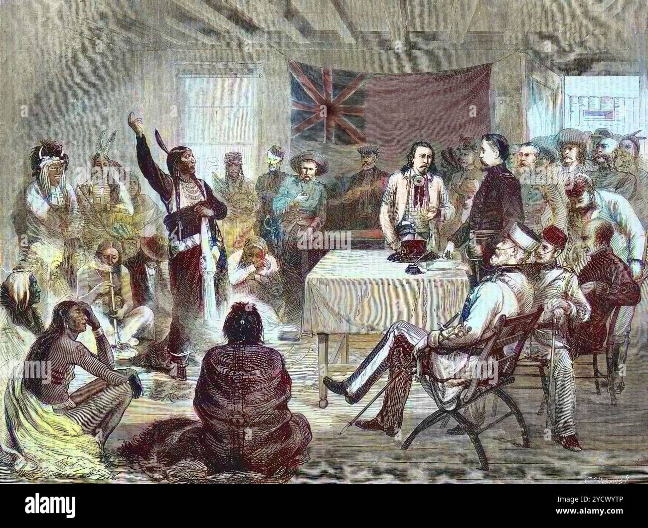 La guerra indiana negli Stati Uniti - Guerre di frontiera americane - il Consiglio "Toro seduto" con Toro seduto e Buffalo Bill a Fort Walsh, territorio britannico, ottobre 1877 - Foto Stock