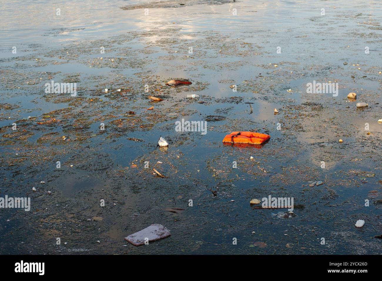 Giubbotto di salvataggio arancione e spazzatura nell'acqua della baia dopo la tempesta dell'uragano Milton. La plastica prodotta dall'uomo ha danneggiato la linea costiera con microplastica, bottiglie. Detriti in natu Foto Stock