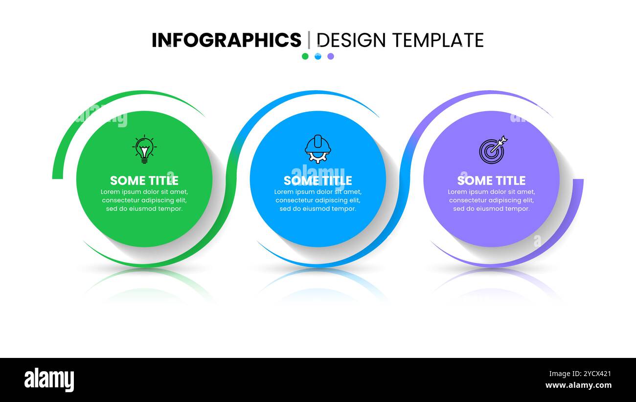 Modello infografico con icone e 3 opzioni o passaggi. Cerchi. Può essere utilizzato per il layout del flusso di lavoro, il diagramma, il banner, il webdesign. Illustrazione vettoriale Illustrazione Vettoriale