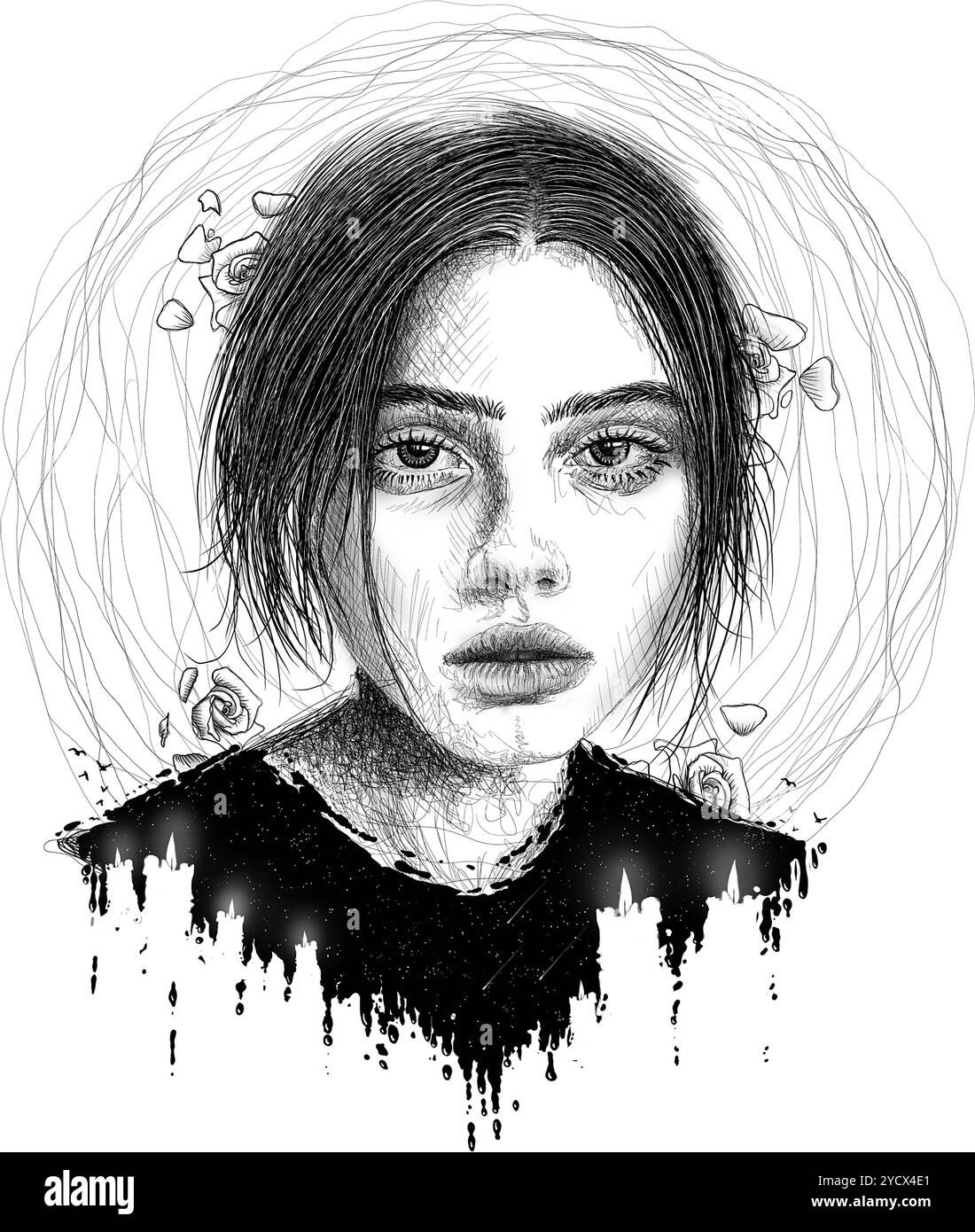 Ritratto di una donna con candele accese illustrazione digitale disegnata a mano Foto Stock