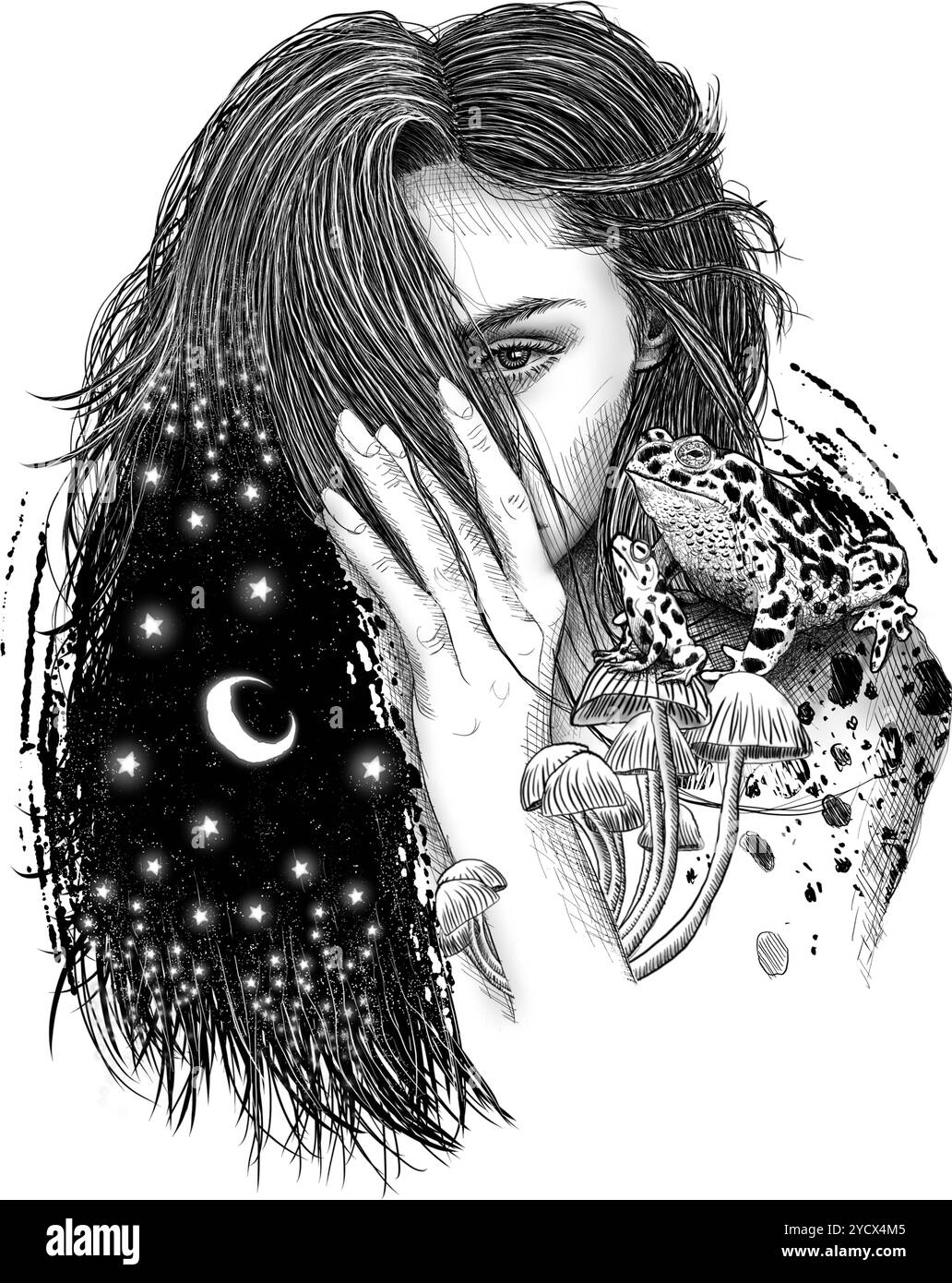 Donna con rane sulle spalle illustrazione digitale, schizzo disegnato a mano. Foto Stock