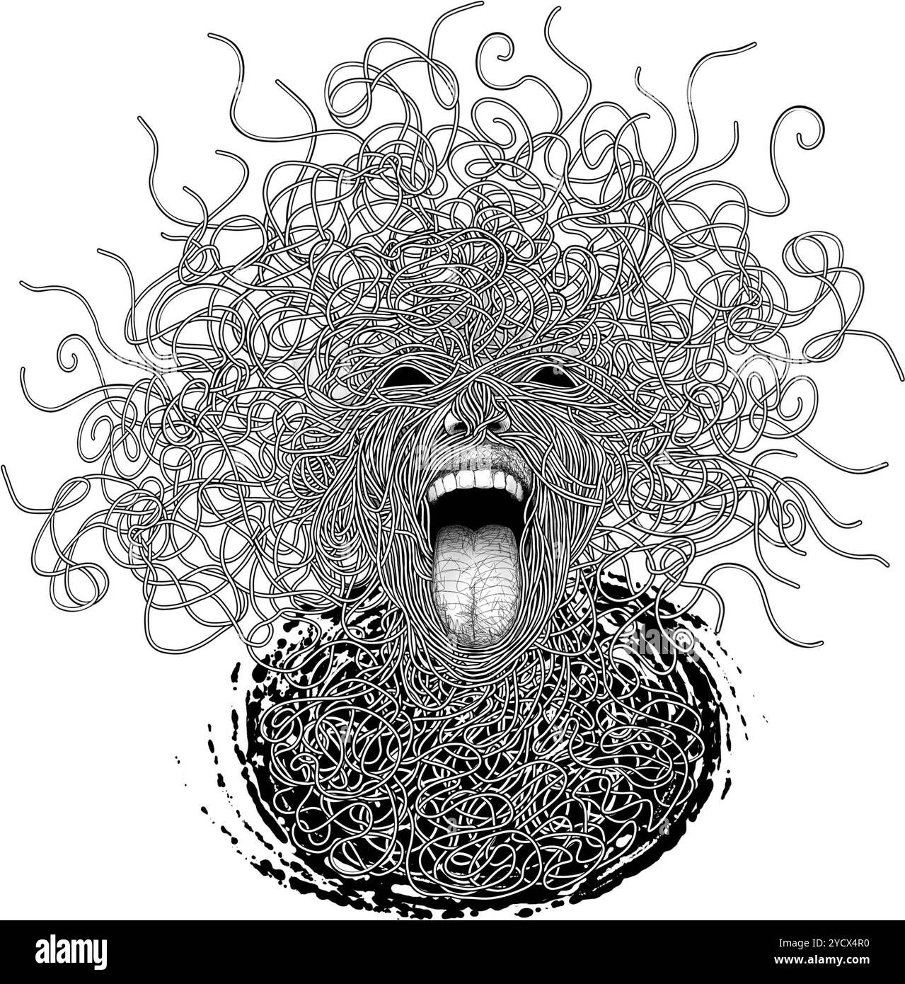 Illustrazione disegnata a mano Scream, disegno del carattere bianco e nero. Foto Stock