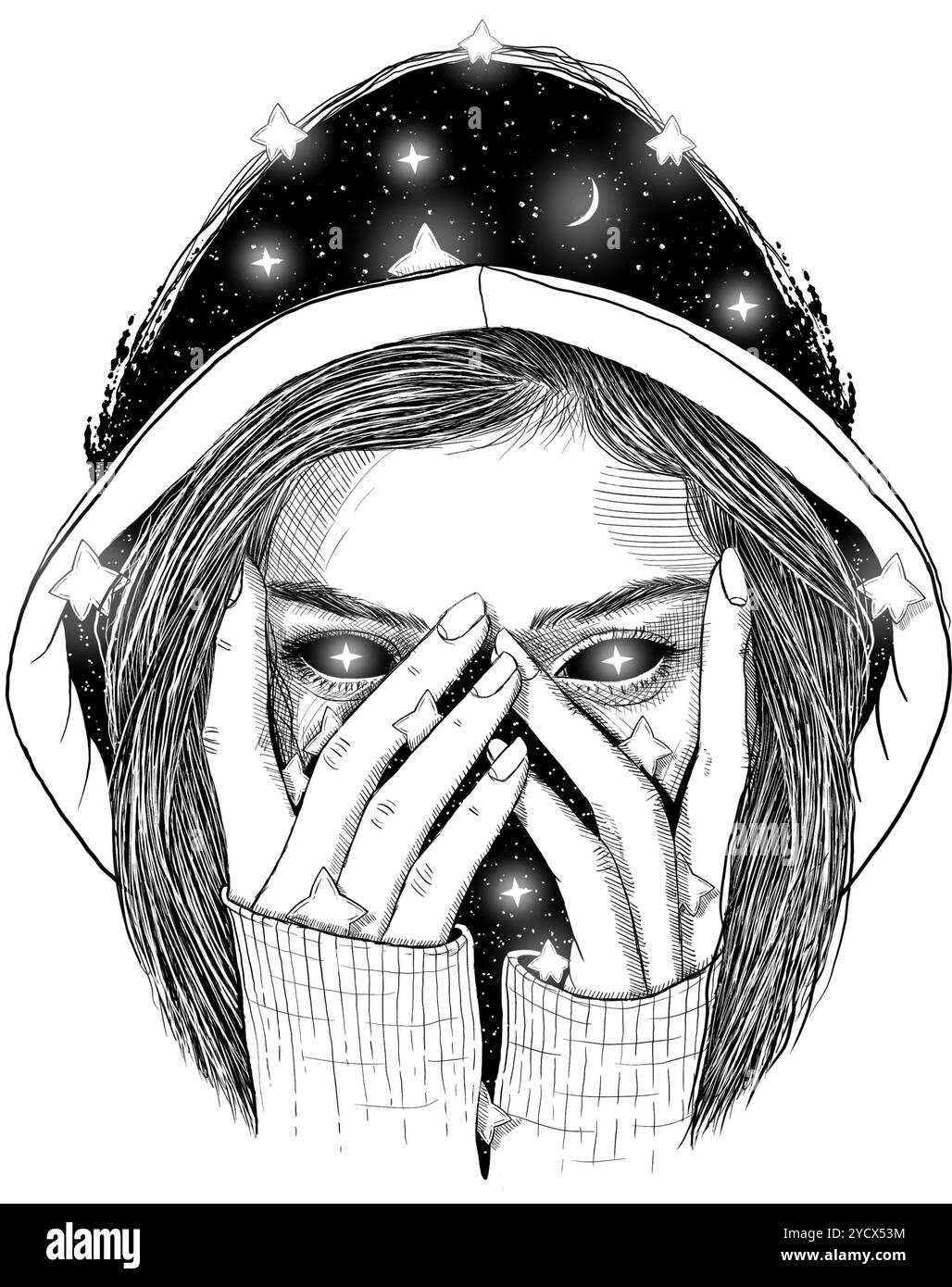 Illustrazione scintillante. Ragazza con le stelle disegnata a mano. Foto Stock