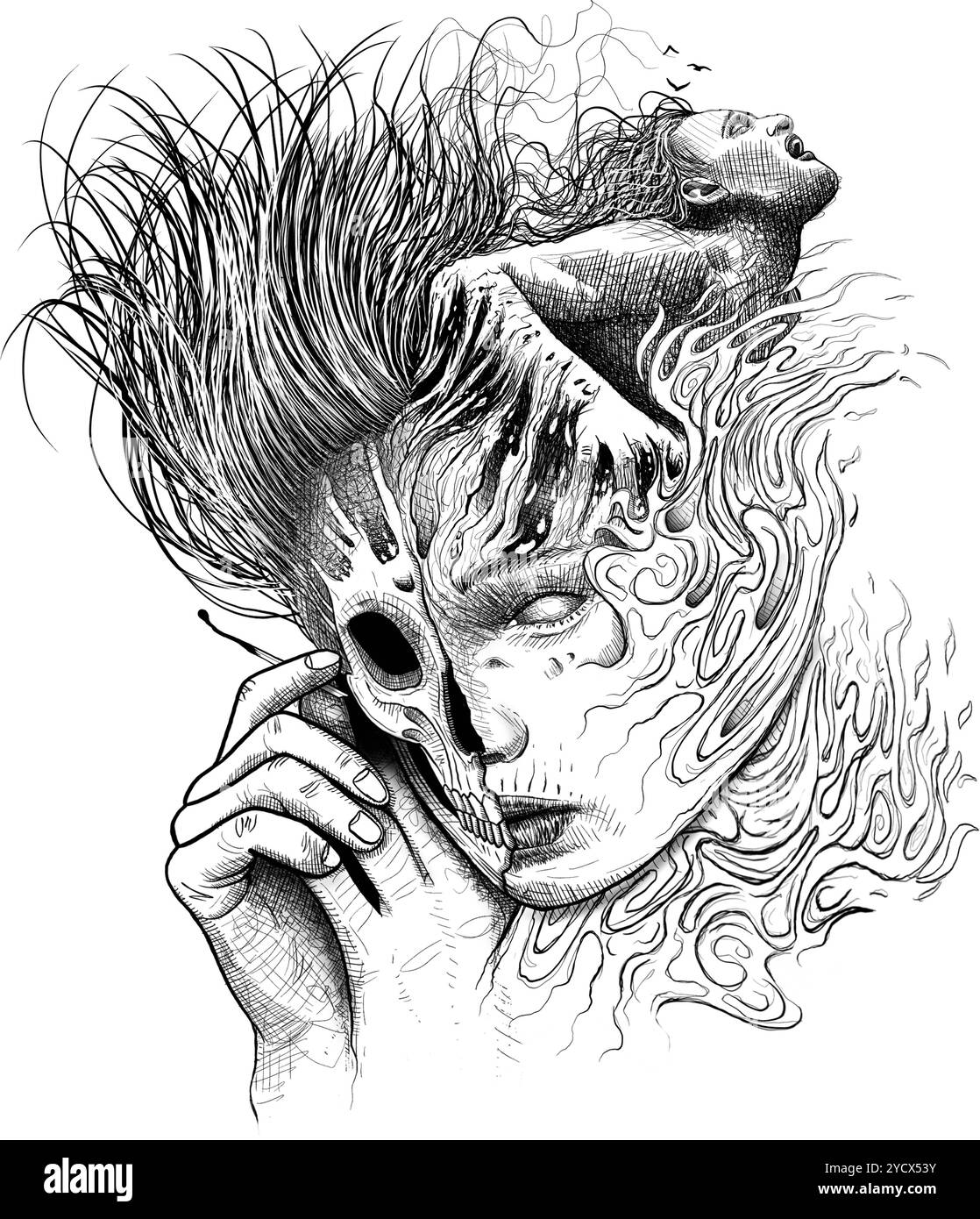 Illustrazione digitale disegnata a mano a tema fuoco. Disegno scuro in bianco e nero. Vista faccia cranio Foto Stock Illustrazione digitale disegnata a mano a tema fuoco. Disegno scuro in bianco e nero. Vista faccia cranio Foto Stock