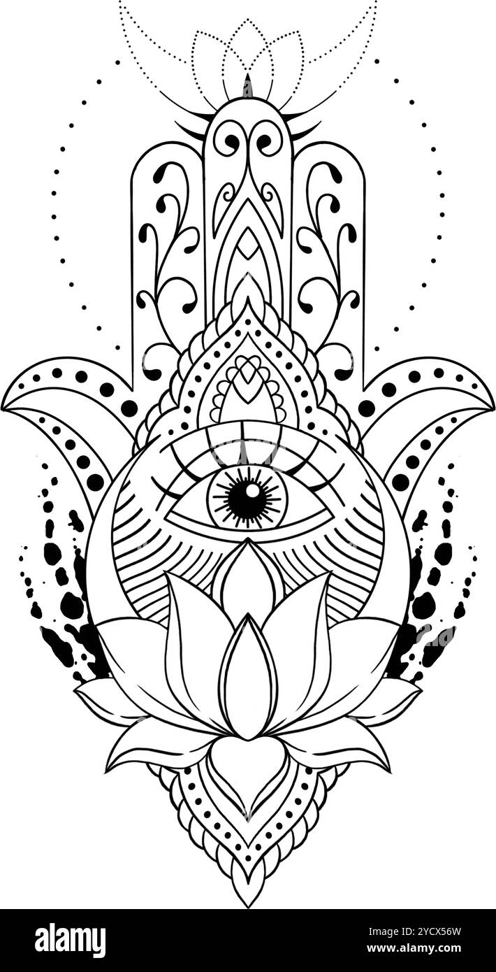 Illustrazione del simbolo della mano Hamsa con fiore di loto. Motivo decorativo in stile orientale per tatuaggi e disegni all'henné. Foto Stock