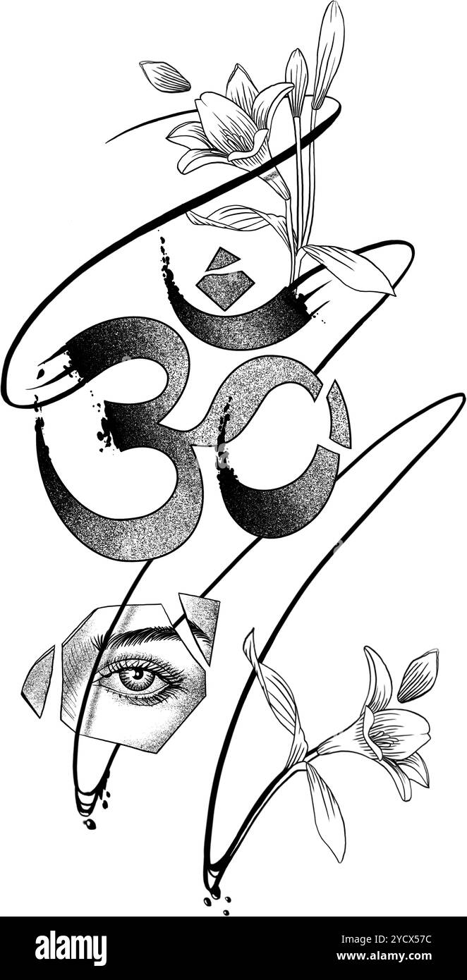 Aum simbolo dell'induismo. Illustrazione tatuaggio OM, segno mistico con fiori. Foto Stock
