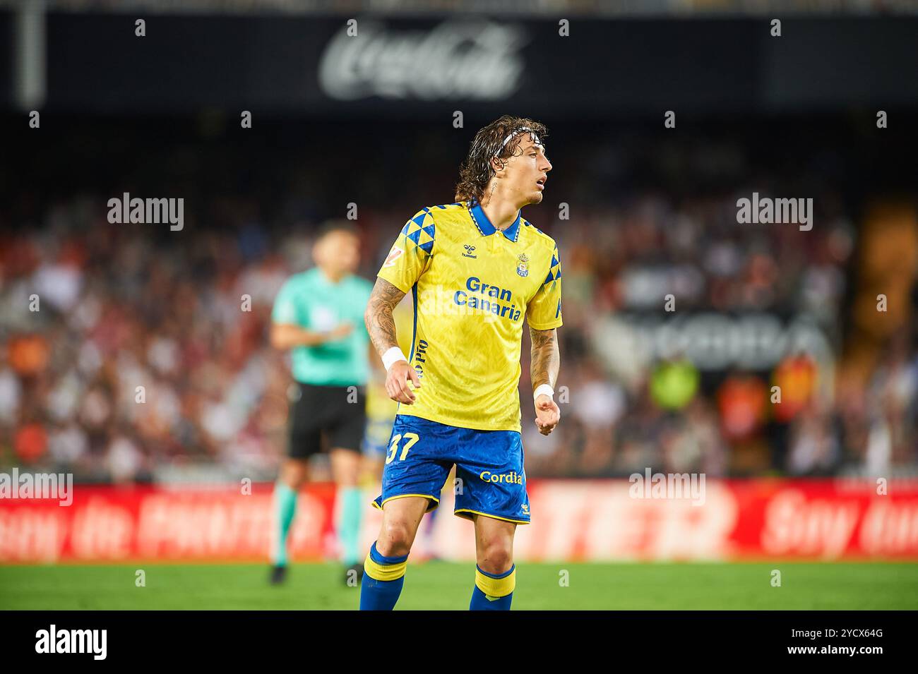 Valencia, Spagna. 21 ottobre 2024. Fabio Daniel Soares Silva dell'Union Deportiva Las Palmas SAD in azione durante la Liga EA Sport Regular Season Round 10 allo Stadio Mestalla. Punteggio finale: Valencia CF 2:3 Union Deportiva Las Palmas SAD (foto di Vicente Vidal Fernandez/SOPA Images/Sipa USA) credito: SIPA USA/Alamy Live News Foto Stock