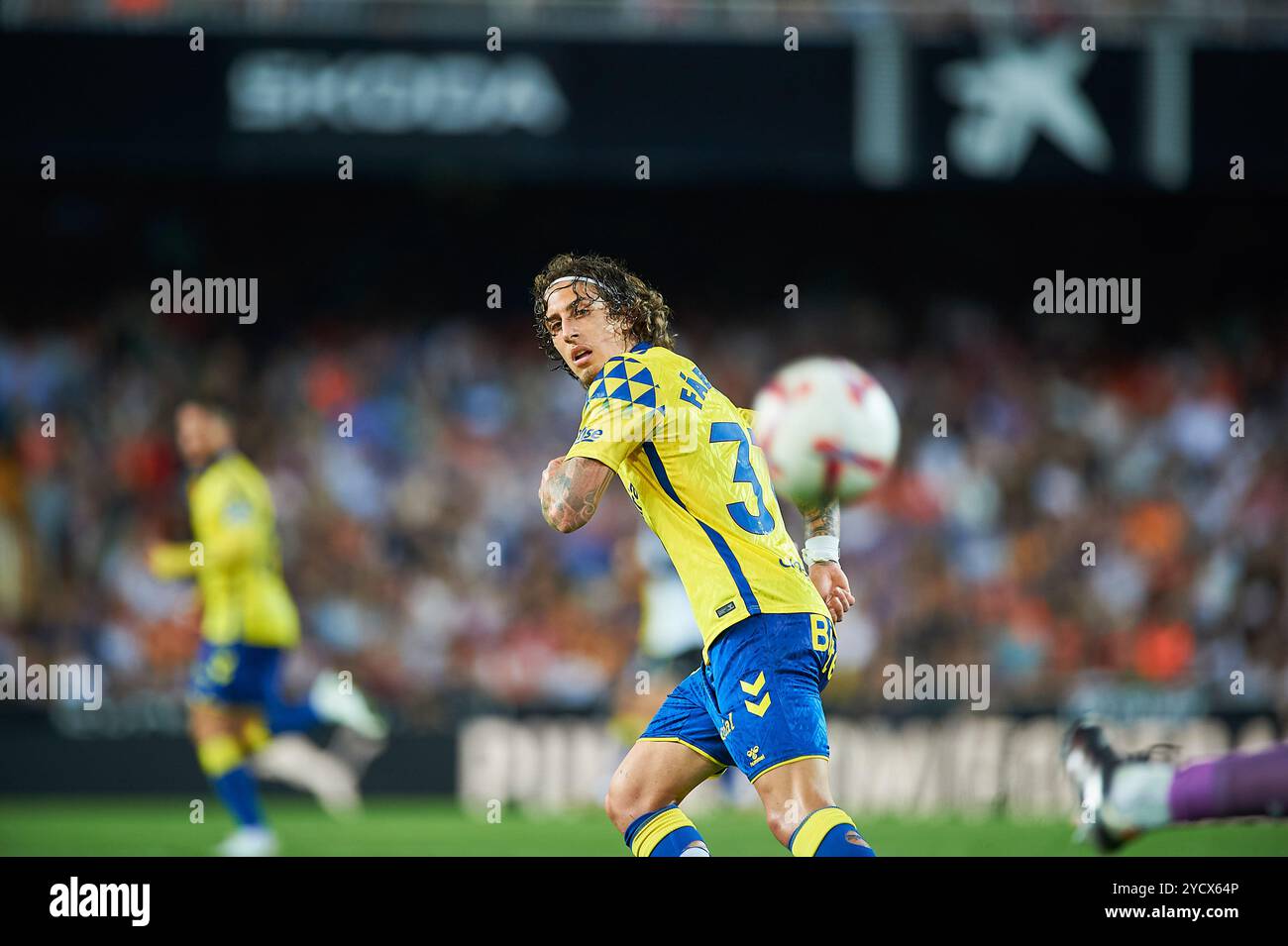 Valencia, Spagna. 21 ottobre 2024. Fabio Daniel Soares Silva dell'Union Deportiva Las Palmas SAD in azione durante la Liga EA Sport Regular Season Round 10 allo Stadio Mestalla. Punteggio finale: Valencia CF 2:3 Union Deportiva Las Palmas SAD (foto di Vicente Vidal Fernandez/SOPA Images/Sipa USA) credito: SIPA USA/Alamy Live News Foto Stock