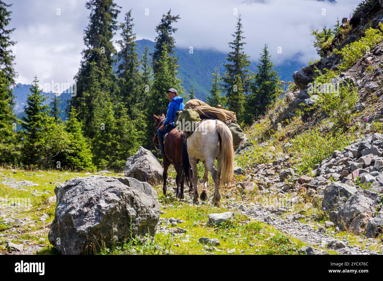 KARAKOL, KIRGHIZISTAN - LUGLIO 30: Ragazzo che cavalcava un cavallo e trasportava roba al campo base nel parco nazionale di Karakol. Luglio 2016 Foto Stock