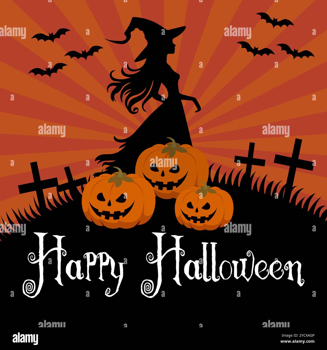 Strega di Halloween sullo sfondo nel tema di Halloween, in toni arancioni Foto Stock