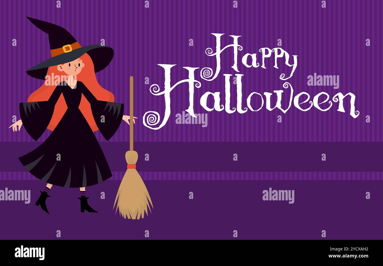 Strega di Halloween sullo sfondo con il testo, Happy Halloween, in toni viola Foto Stock