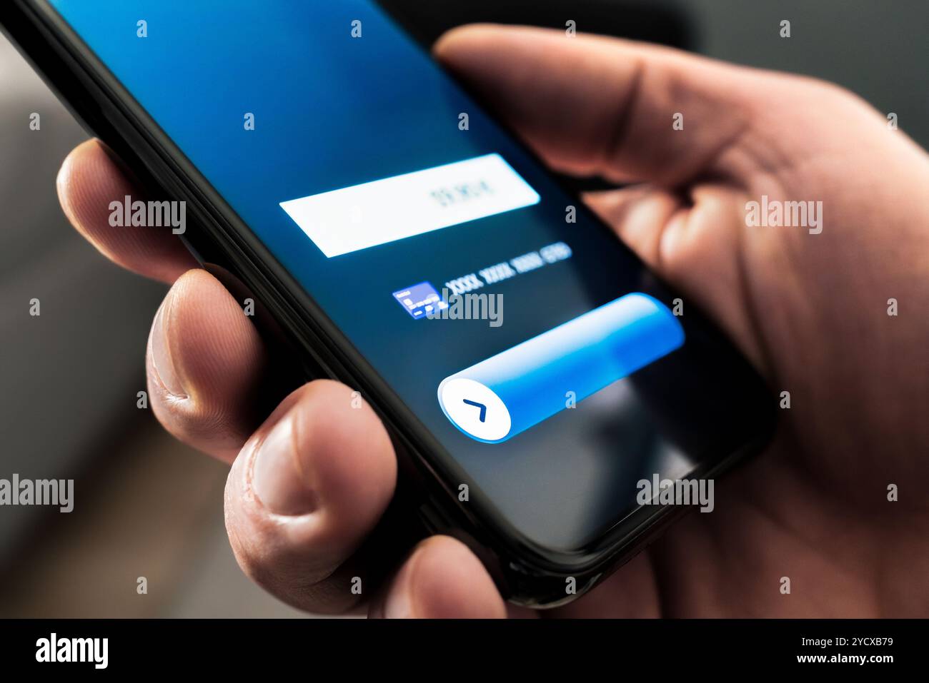 Pagamento. Paga con l'app e wallet nel telefono. Denaro contactless semplice in smartphone. Servizio di trasferimento con carta. Acquisto di credito bancario o debito. Foto Stock