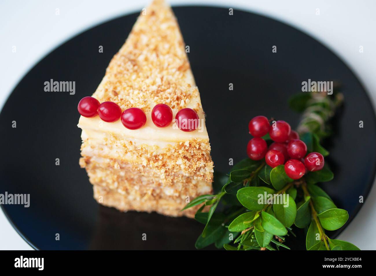 Fetta di torta decorata con rami di alberi e viburnum di frutti di bosco su un piatto nero Foto Stock