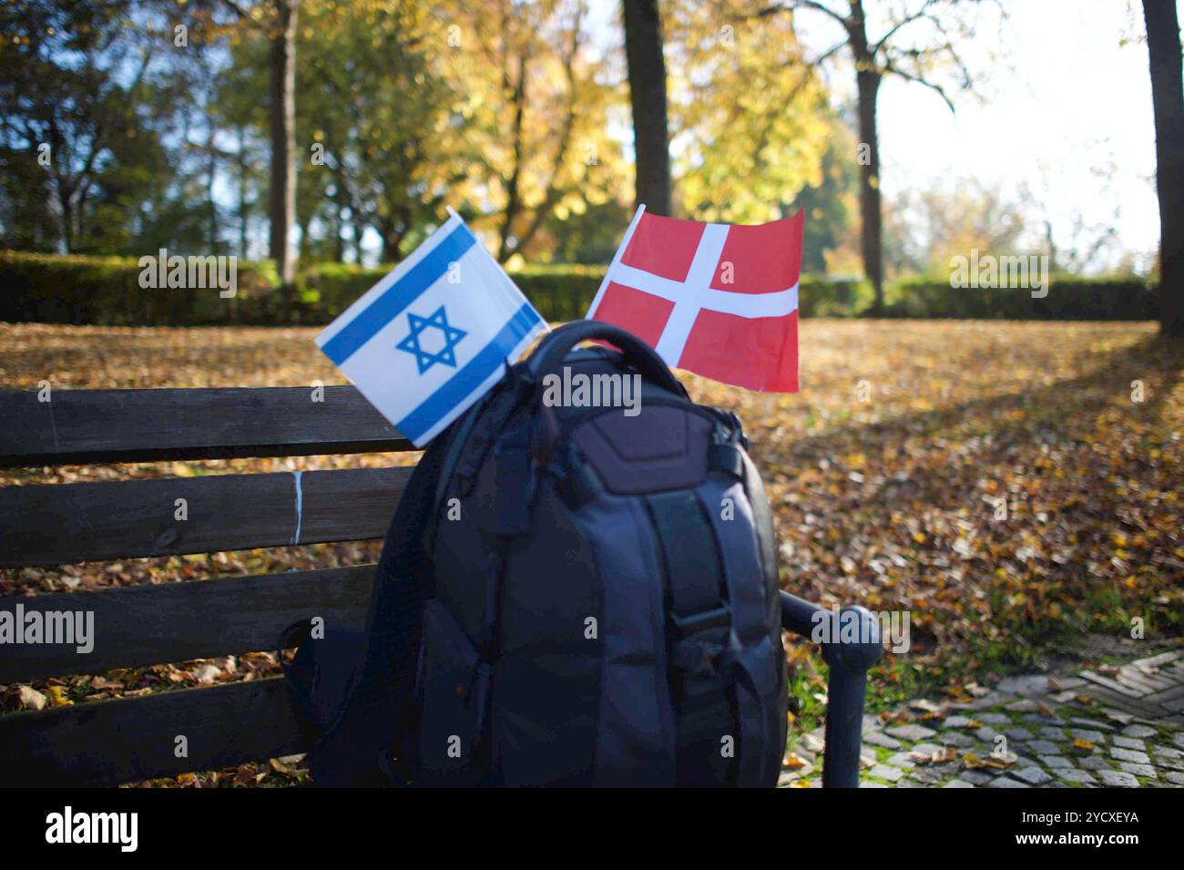 Flensburg, Schleswig-Holstein Ein Israel-Fähnchen und ein Dänemark-Fähnchen stecken nebeneinander in einem Kamerarucksack, die Farben lebhaft und kontrastreich. Dieses Bild symbolisiert die Verbindung zwischen unterschiedlichen Kulturen und politischen Realitäten. während das Israel-Fähnchen für den Nahostkonflikt und den Kampf um Frieden steht, repräsentiert das Dänemark-Fähnchen Werte wie Stabilität, soziale Wohlfahrt und Frieden. Zusammen verkörpern sie den Wunsch nach Dialog, Völkerverständigung und Verständnis in einer oft gespaltenen Welt. Aufnahne vom 24.10.2024, Flensburg, Bahnhofsumfe Foto Stock