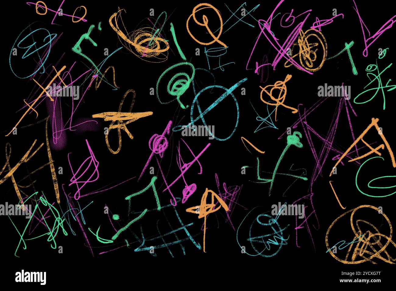 I vivaci segni simili al gesso si estendono sullo sfondo nero, formando una serie di disegni astratti e personaggi casuali, mostrando un divertente spettacolo artistico Foto Stock