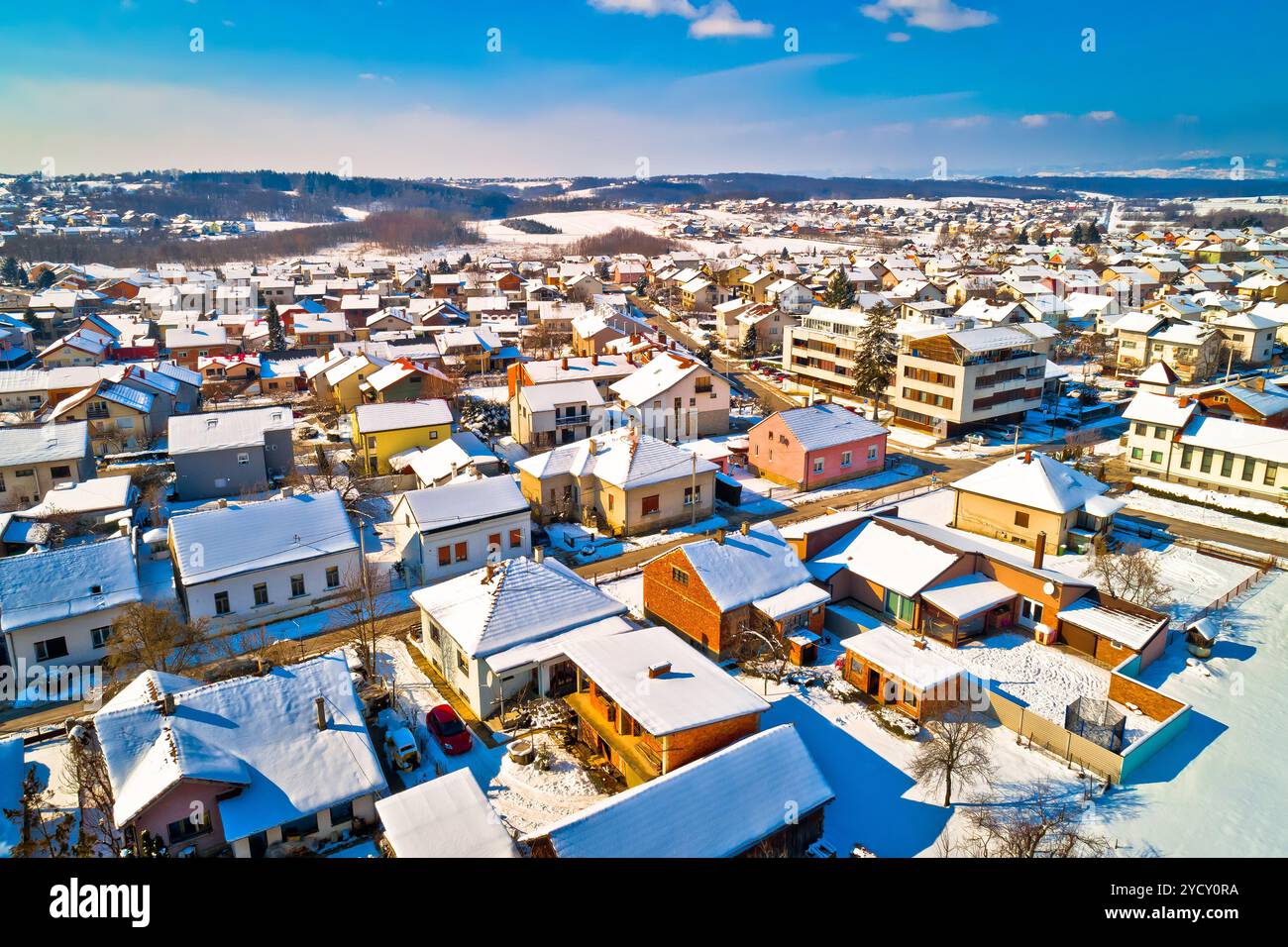 Antenna inverno nevoso vista di Krizevci Foto Stock