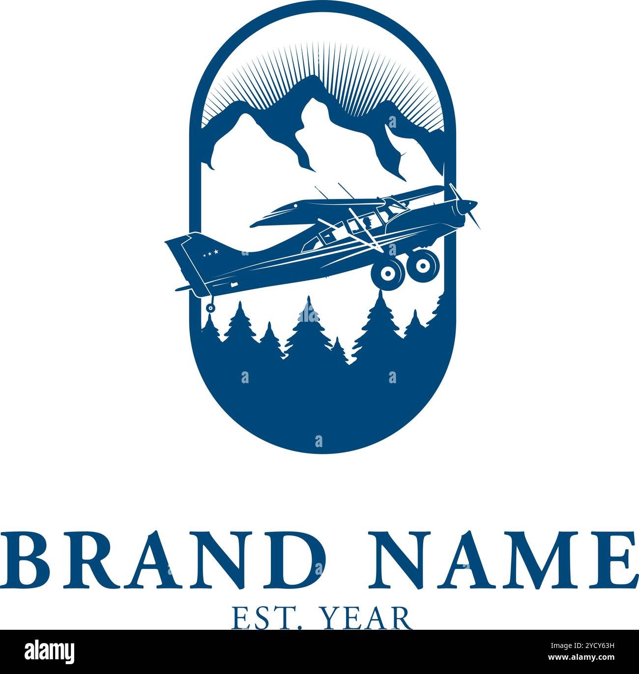 Design del logo dell'aereo aereo aereo con montagne Illustrazione Vettoriale