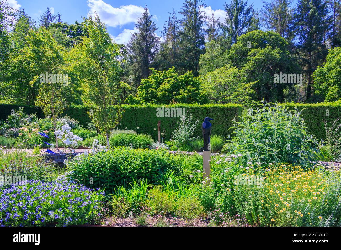 Sculture colorate e un torrente serpeggiante scorrono attraverso il nuovo Cool Garden presso il RHS Garden Rosemoor, Devon, Inghilterra, Regno Unito Foto Stock