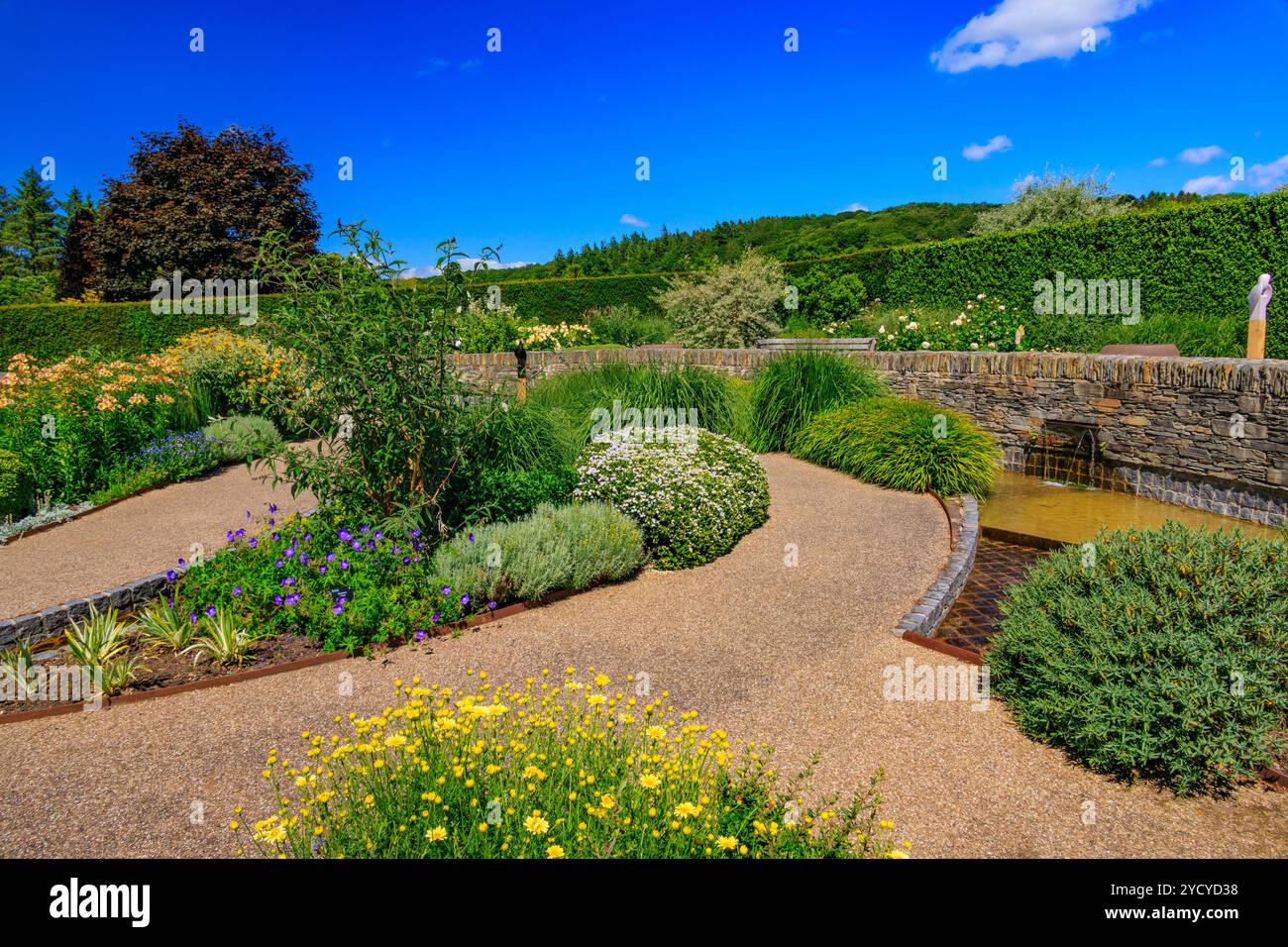 Sculture colorate e un torrente serpeggiante scorrono attraverso il nuovo Cool Garden presso il RHS Garden Rosemoor, Devon, Inghilterra, Regno Unito Foto Stock