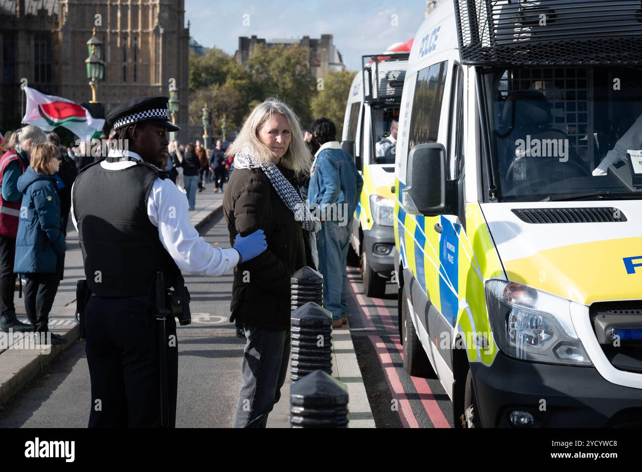 Londra, Regno Unito. 24 ottobre 2024. Una donna viene arrestata dalla polizia in quanto le attiviste per i diritti delle donne prendono parte ad uno sciopero internazionale delle donne, tenuto in concomitanza con lo sciopero del 1975 in Islanda che mirava a dimostrare l'indispensabile lavoro delle donne per l'economia e la società. Crediti: Ron Fassbender/Alamy Live News Foto Stock