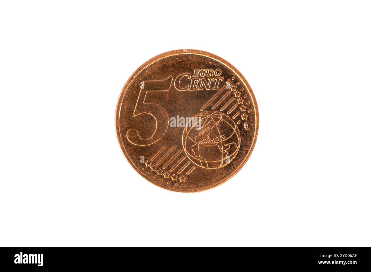 Foto macro estrema del lato dritto di una moneta greca da cinque centesimi. Foto Stock