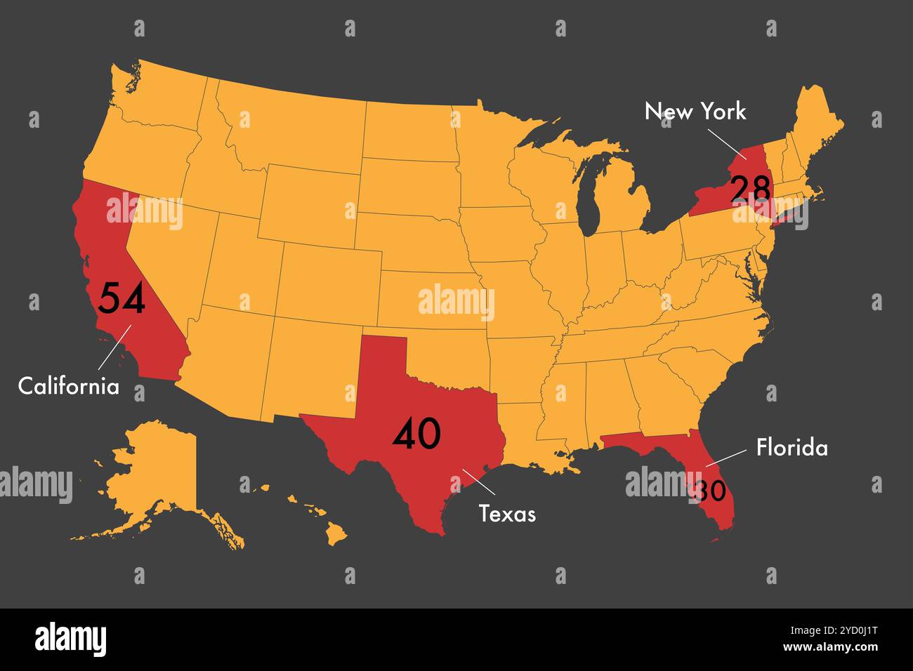 Mappa degli stati con il maggior numero di voti elettorali per le elezioni presidenziali statunitensi del 2024 Foto Stock