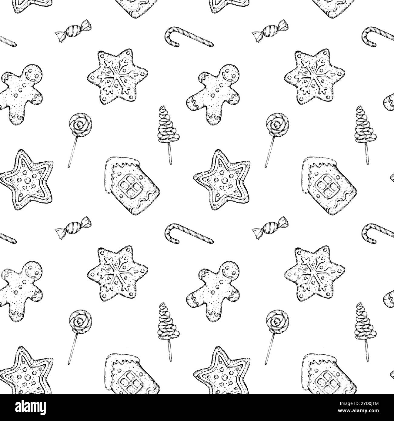 Schema vettoriale senza cuciture di biscotti di Natale, lecca lecca e canne di caramelle disegnate a mano. Gingerbread, stelle, casa vacanze, fiocchi di neve per pasticceria Illustrazione Vettoriale