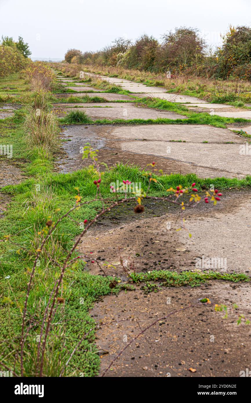 I resti della pista di cemento del campo d'aviazione della seconda guerra mondiale di RAF Broadwell vicino al villaggio di Kencot, Oxfordshire, Inghilterra Regno Unito Foto Stock