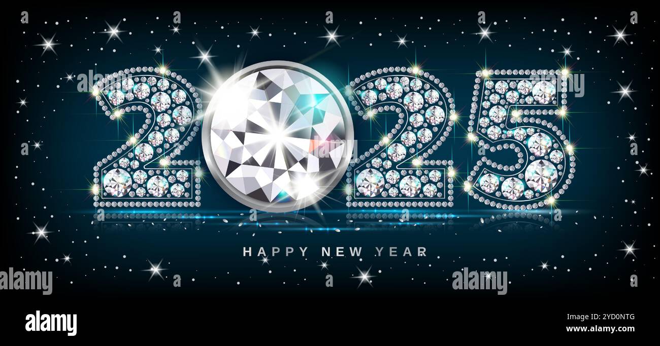 Numeri di pietre preziose di lusso per il nuovo anno 2025. Sfondo nero con bagliore blu, illustrazione vettoriale realistica 3D. Illustrazione Vettoriale