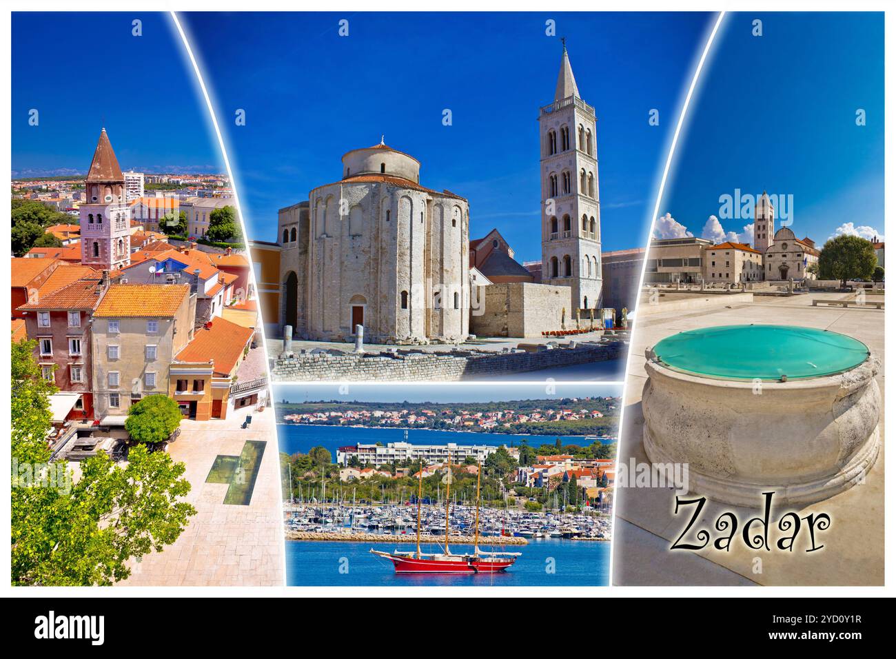 Città di Zadar cartoline turistiche con etichetta, famosi punti di riferimento e la bellissima natura della Dalmazia, Croazia Foto Stock