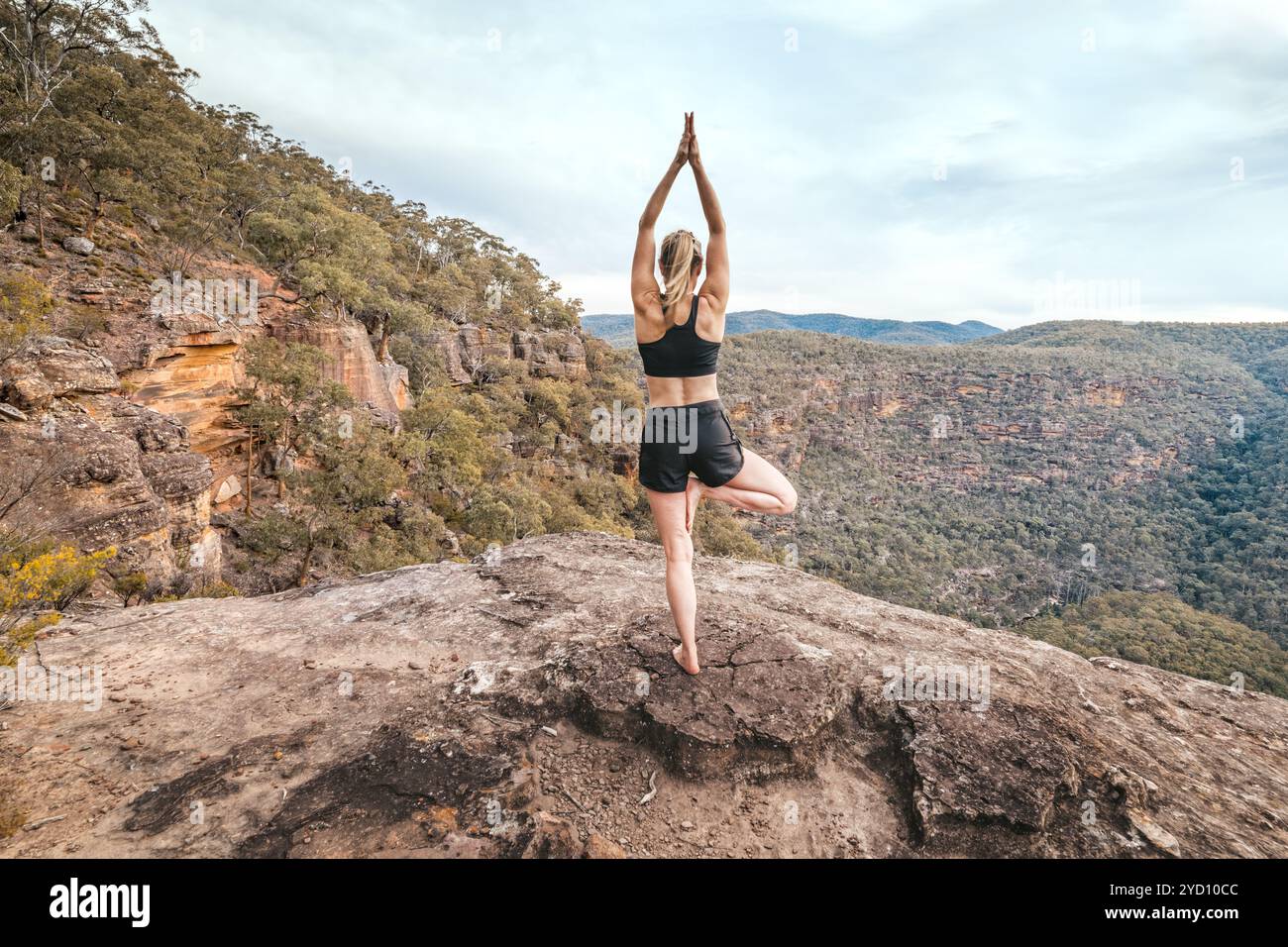 Esercizio fisico femminile di yoga. Si sta bilanciando su una gamba in piedi su una sporgenza di scogliera che si affaccia sugli incroci della gola. Parco nazionale di Wollemi Foto Stock