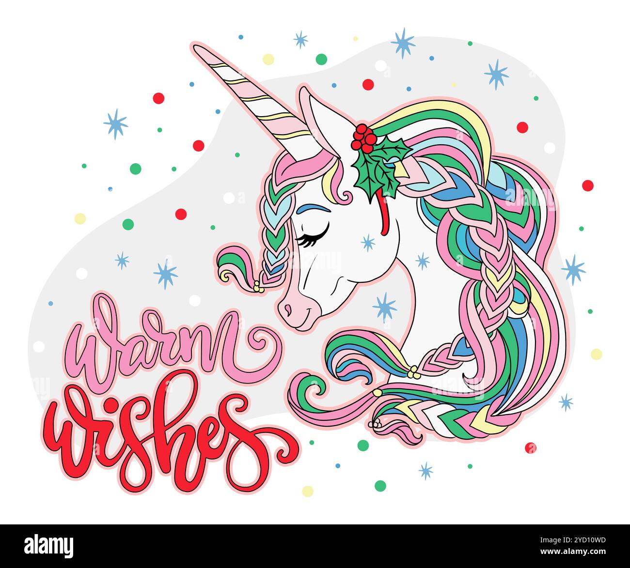 Bella testa di unicorno. Natale, carta da X mas, cartoni animati per bambini felice anno nuovo. Illustrazione vettoriale. Per festival invernali, festeggiamenti, feste, stampa, Illustrazione Vettoriale