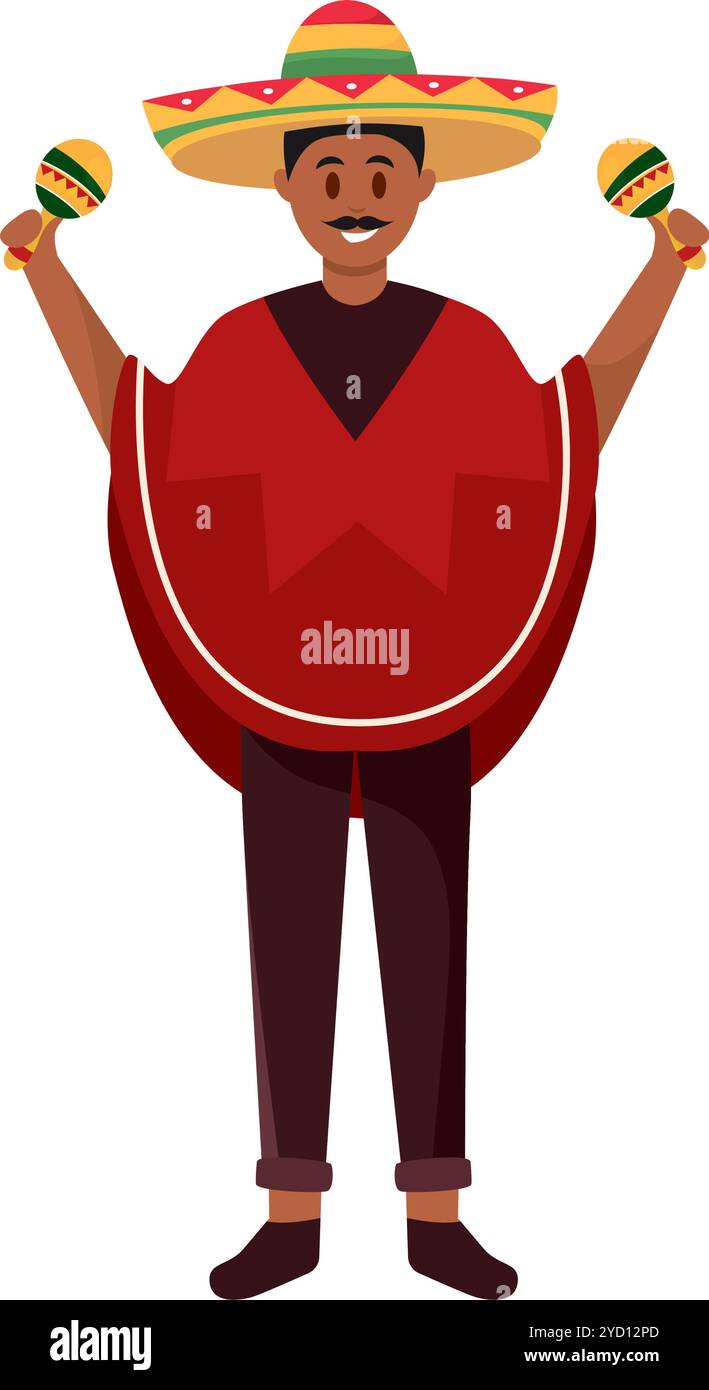 Uomo in poncho e sombrero con maracas, Vector Illustrazione Vettoriale