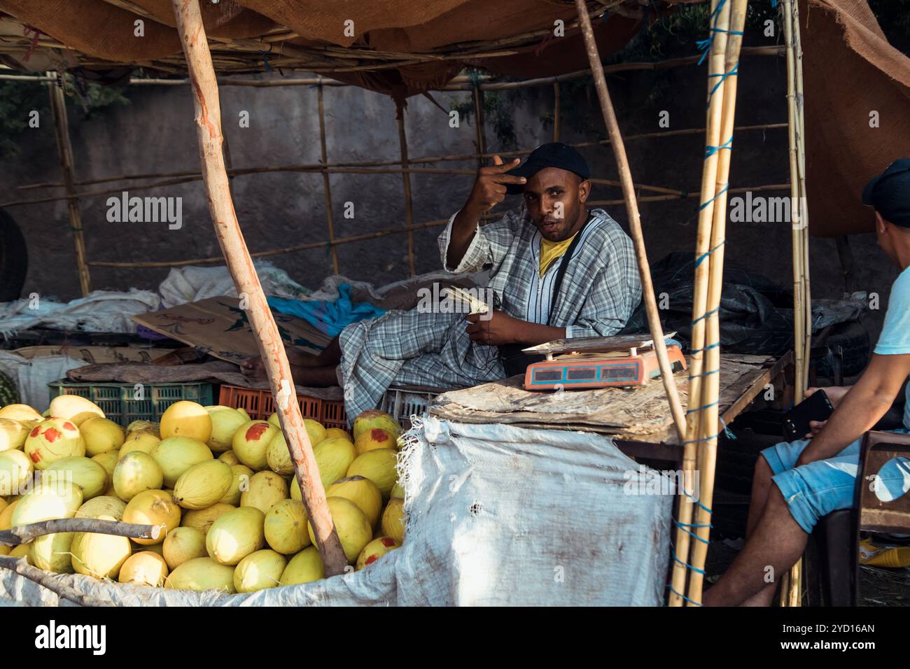 Countryside, Marocco, 23 luglio 2019: Fruttivendolo locale che vende mango Ataulfo fresco in un mercato marocchino Foto Stock