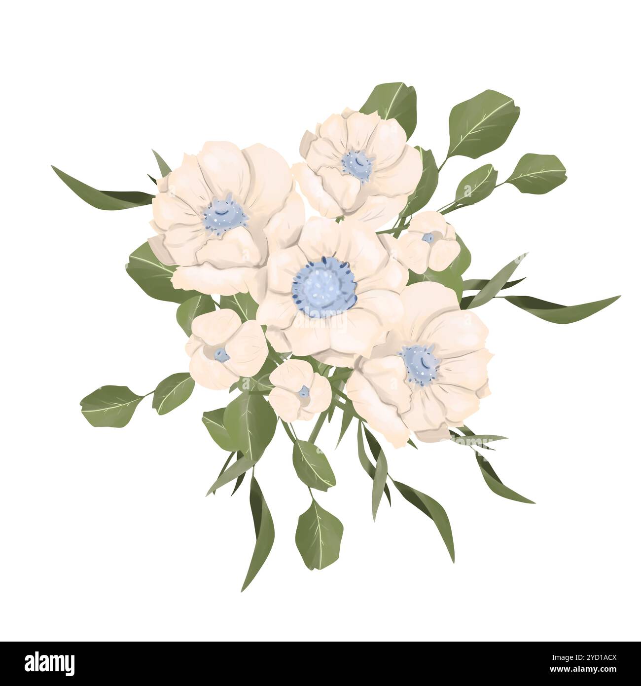 Illustrazione composizione bouquet con fiori di anemone, con rami verdi e foglie tonde, lunghe e affilate. Elemento della libreria magica della raccolta Foto Stock