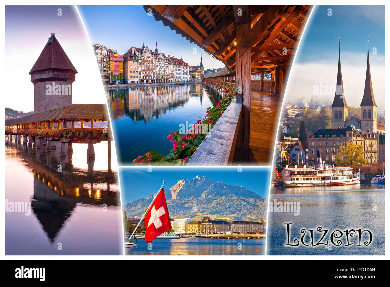 Città svizzera di Lucerna o monumenti di Lucerna vista da cartolina turistica con etichetta Foto Stock