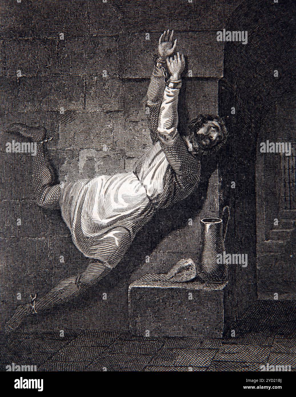 Incisione dell'imprigionamento di Girolamo di Praga 1379-1416 filosofo scolastico ceco e teologo uno dei primi riformatori della Chiesa che fu Bu Foto Stock