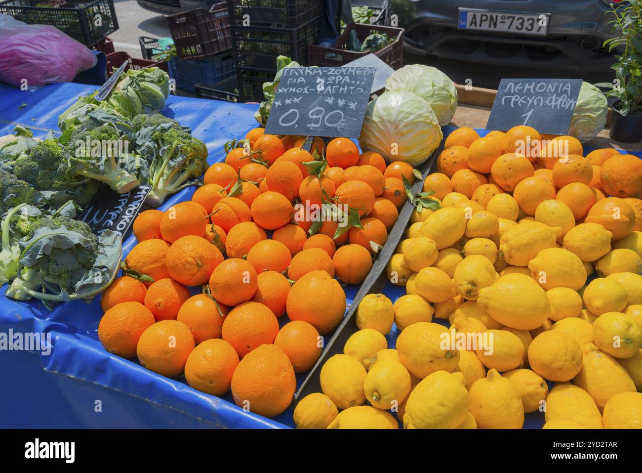 Stalla di mercato con arance e limoni freschi in Grecia, mercato, Nauplio, Nauplia, Nauplia, Nauplion, Nauplia, Argolide, Peloponneso, Grecia, Europa Foto Stock
