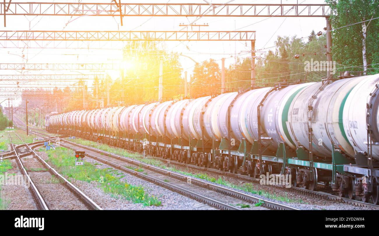 Auto di base sulla ferrovia. Trasporto merci. Panorama dei carri in attesa di carico. Ferrovia russa. Russia, Siverskaya Au Foto Stock