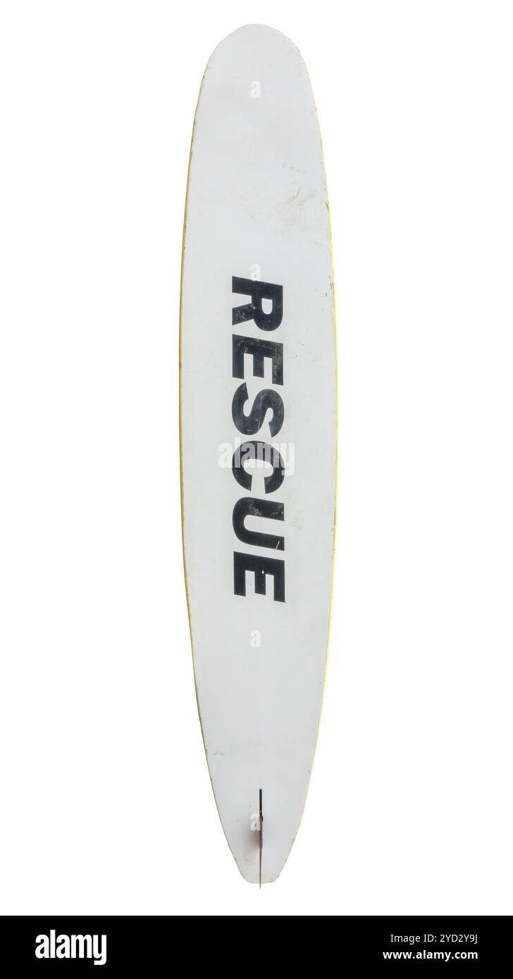 Isolato grungy Old Lifeguard Rescue Surfboard da Waikiki, Hawaii Foto Stock